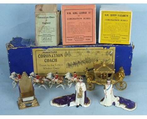 Britains, No.1506 H M Queen Elizabeth in Coronation Robes, 1473 H M King George VI in Coronation Robes, 1474 Coronation Chair
