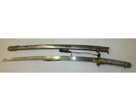 A Japanese WWII shin-gunto NCO's sword with aluminium grip, (painted in colours), single-fullered 69cm steel blade stamped '2