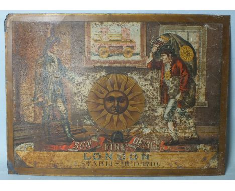 Insurance: a Victorian printed sheet metal 'Sun Fire Office' advertisement with the company's servants, fire engine and axes 