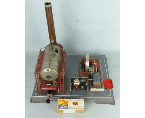 A Wilesco D24 Stationary Steam Engine with burner and solid fuel, base 41x33cm.