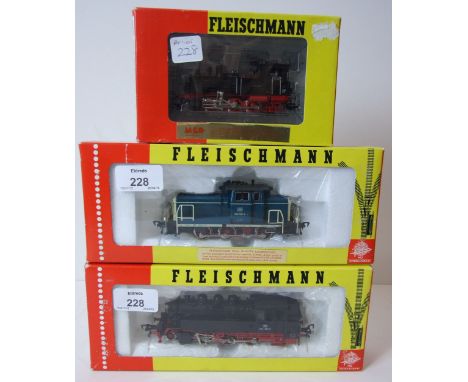 Fleischmann HO, two tank locomotives 4064 and 4010 and one diesel 4227, all boxed, one with instructions.