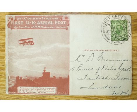 A '1911 Coronation First UK Aerial Post' stamped postcard.