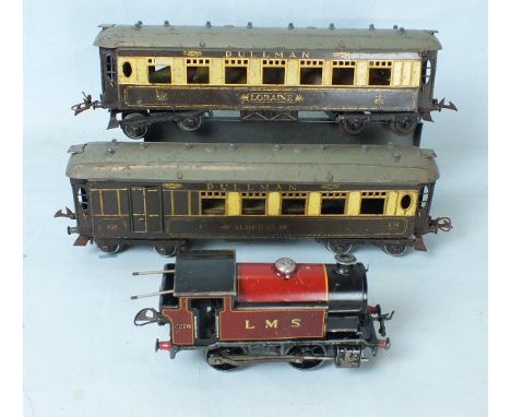 Hornby O gauge, type 101 LMS 0-4-0 c/w tank engine, no.2270 and two pre-war Pullman coaches, "Lorraine" and "Alberta", (3).