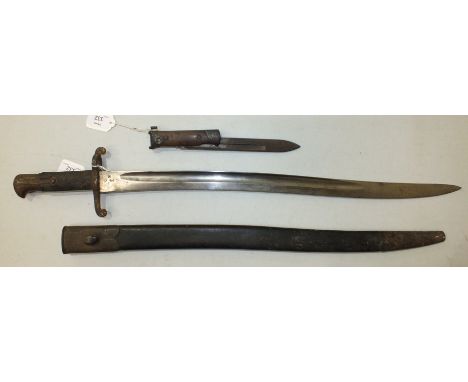 An early-20th century Continental sword bayonet in leather scabbard and a folding knife bayonet, (2).