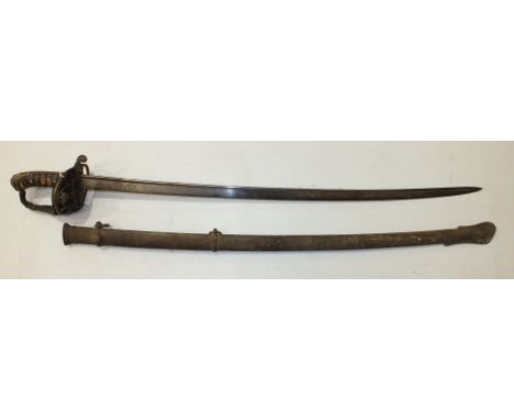 An 1822 pattern military sword, the open Gothic hilt with crowned M2 cipher, leather lining, fish skin grip and foliate pomme