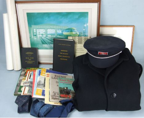 A quantity of British Rail memorabilia, including a BR cap, overcoat, ties, Rule Book 1950, Handbook for Railway Steam Locomo