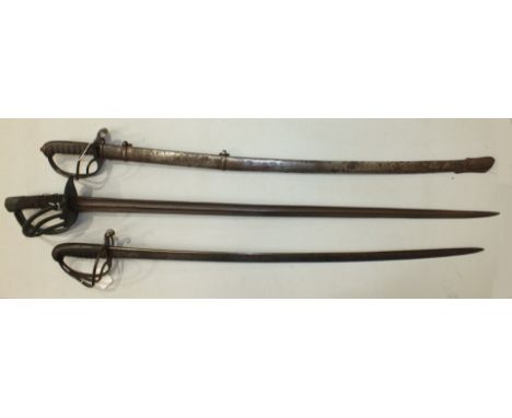 A Victorian Cavalry Officer's sword, the open hilt with wire-bound fish skin grip and stepped pommel, the 86cm pipe-backed bl