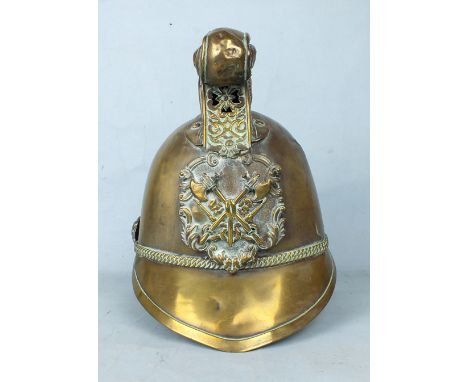 A brass fireman's helmet, Merryweather pattern, no liner, (af, holed and split in multiple places).