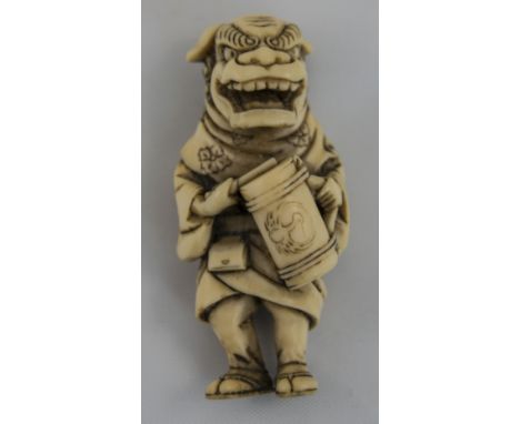 Japanese - Very Fine Signed Ivory Netsuke, Titled ' Lion Dancer ' Signed Shoryu. Made In 1st Half of The 19th Century. 1.75 I