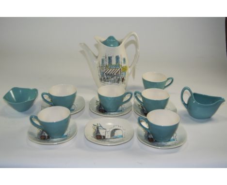 Midwinter - Style Craft ( 15 ) Piece Coffee Set. 1950's ' Cannes ' Design, Drawings By Hugh Casson. Comprises 6 Cups, 6 Sauce