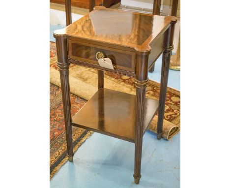 BEDSIDE/LAMP TABLES, a pair, Regency design mahogany, satinwood crossbanded each with drawer and undertier on fluted supports