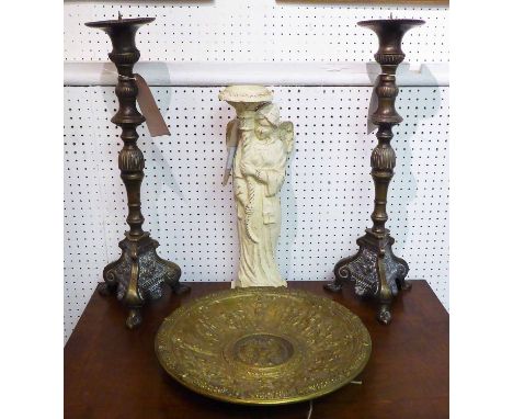 PRICKET CANDLESTICKS, a pair, each 50cm H and another candlestick of angelic form 49cm H, also a 19th century gilt bronze cha