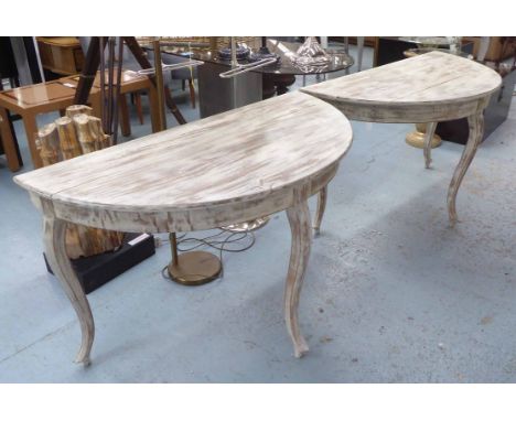 CONSOLE TABLES, a pair, early 20th century Continental of demi lune outline and grey painted, 62cm x 75cm H x 126cm. (2)