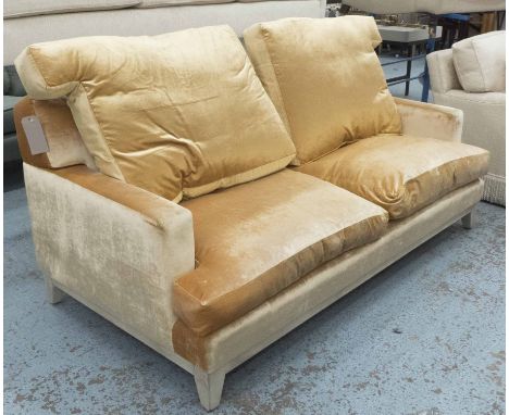 SOFA, two seater, in gold chenille on base with square supports, 201cm L.
