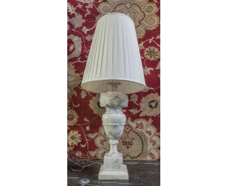 SIDE LAMP, carved marble with shade, 76cm H and a blue glass ceiling light, 33cm H x 26cm. (2)