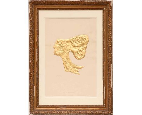 GEORGES BRAQUE 'Tete de Femme', lithograph, Suite Les Bijoux: with 23 carat gold, 82cm x 60cm overall, framed and glazed.