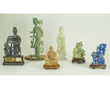 A FINE CHINESE TURQUOISE CARVING OF A LADY AND CHILD, on carved wood stand circa 1870, a Chinese whitish jade figure of a lad