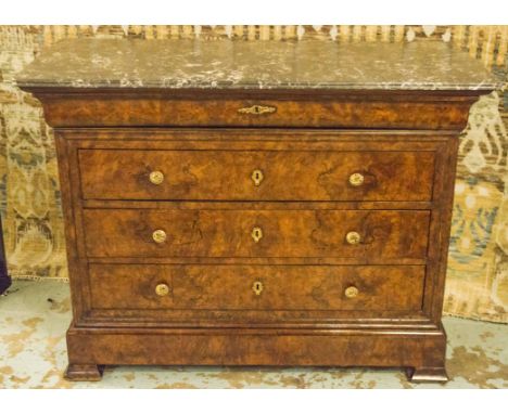 COMMODE, 19th century French Louis Phillipe burr walnut and gilt metal mounted with marble top above five long drawers (inclu