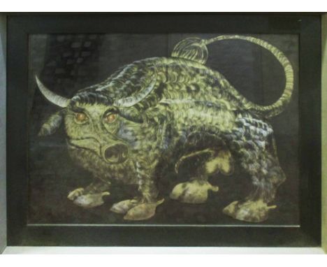 K. OWENS 'Bull', watercolour and gouache, signed lower right, 55cm x 75cm, framed and glazed.