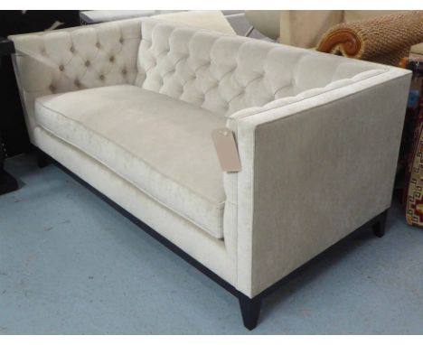 SOFA, deep buttoned back and arms with long seat in light grey upholstery, 180cm x 85cm x 70cm.