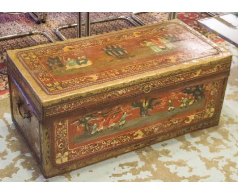 TRUNK, early 19th century Chinese export, camphorwood, scarlet brass lined and studded leather with traditional scenes, risin