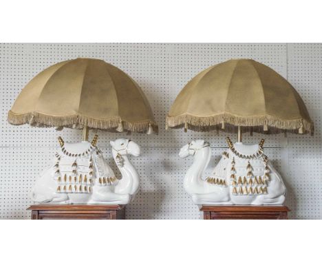 CAMEL LAMPS, a pair, ceramic and gilt highlighted signed Bondia, Spain 69cm H x 70cm including shades. (2)