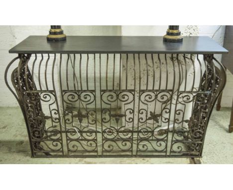 CONSOLE TABLE, vintage French wrought iron rectangular top on a bombé scroll base, 147cm x 85cm H.