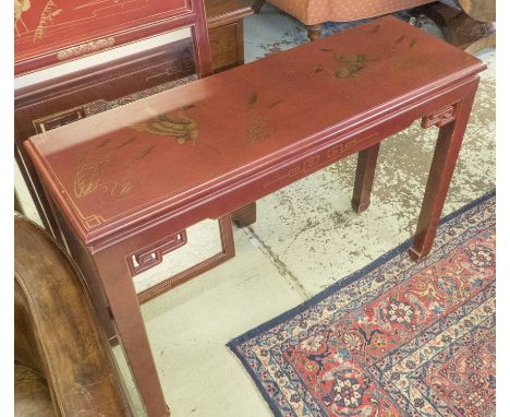 CHINESE RED CONSOLE TABLE, with gilt painted detail and mirror, table 107cm W x 36cm D x 79cm H, mirror 61cm x 115cm. (2)