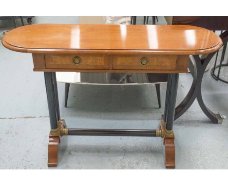 CONSOLE TABLE, fruitwood, ebonised and brass mounted with rounded end top above two drawers, 81cm H x 120cm x 40cm. (with fau