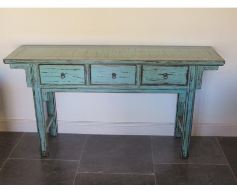 A Chinese style painted three drawer hall table - Width 162cm x Width 85cm x Depth 40cm - as new 