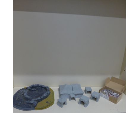 Wargaming a Lord of the Rings ruined tower thin plastic landscape, plastic Harad tents - unpainted and loose Mithril half Orc