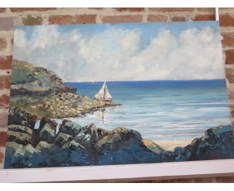 John Rohda oil on board of Devon Seascape unframed - 92cm x 61cm 