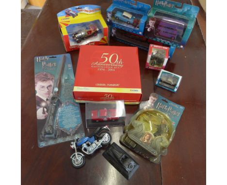 Three Corgi Harry Potter diecast vehicles, a wand, Hermione figure, five other diecast vehicles and a paperweight