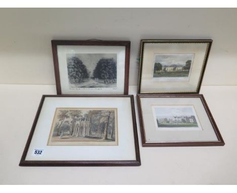 Three prints of Norfolk Halls - Norton Hall, Cossey Hall, West Acre High House and a coloured print of The Temple Lord Grosve