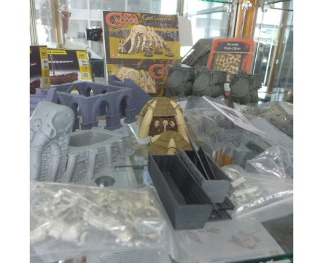 Assorted Wargaming items - Two Medieval life boats, 7 iron gate scenery carts, part buildings etc 