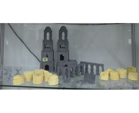 Lord of the Rings unpainted plastic sectional buildings, 10 trees and hayricks, ladders 