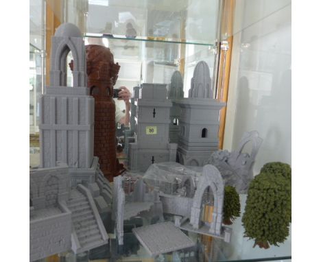 Lord of the Rings Middle Earth plastic sectional Gondor tower buildings and three trees 