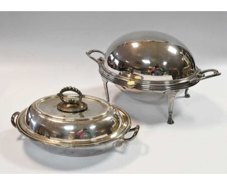 Y A silver plated roll top entrée dish, together with a silver plated warming entrée dish, the roll top example of oval form 