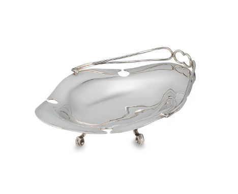 A George V silver swing handled fruit basket, mark of Charles Boyton &amp; Son Ltd., London 1918, of navette form with four c