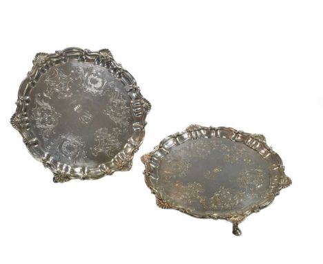 A pair of Victorian silver waiters, mark of Daniel &amp; Charles Houle, London 1847, each of 'Chippendale' style with shell a