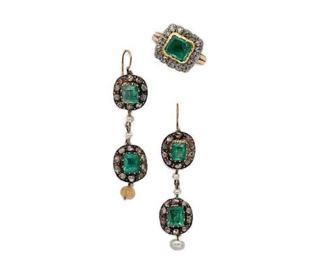 A pair of emerald and pearl ear pendants, together with an emerald and diamond ring, first, each earring set with two rectang