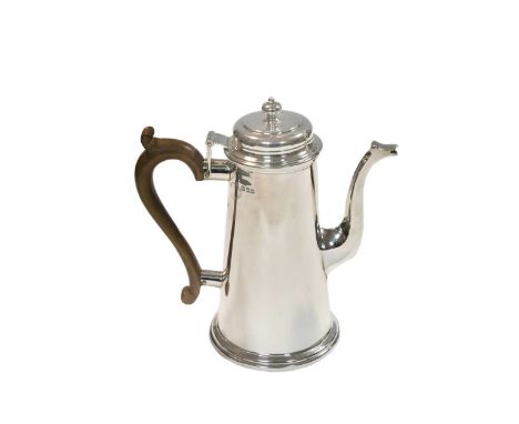 A George V silver coffee pot, mark of Tessiers Ltd, London 1927, plain tapering sides, part marked piano hinged stepped cover