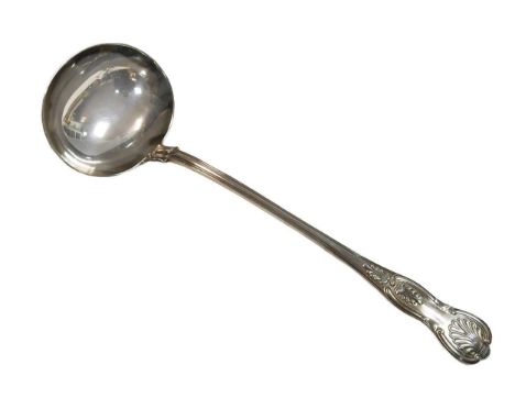 A Victorian silver soup ladle, mark of Francis Higgins, London 1860, 'Kings' pattern, with oval bowl and shell back, 33cm lon