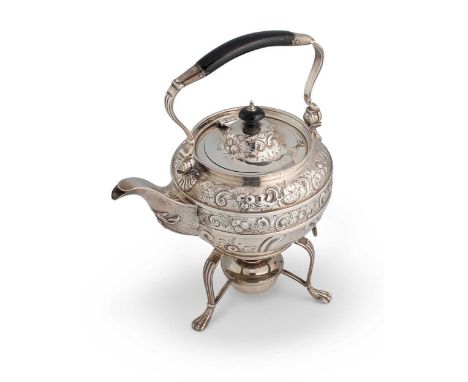 An Edward VII silver tea kettle and stand, mark of Charles Stuart Harris, London 1905, the kettle of circular form, lavishly 