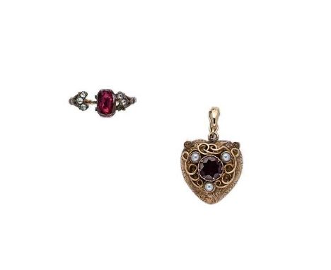 A 19th century foil backed garnet memorial heart pendant and ring, first, the pendant set with a central foil backed round fa