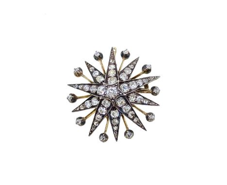 A Victorian diamond star brooch, central old mine cut diamond approximately 4 x 3.9mm, estimated approximate weight 0.30ct, t