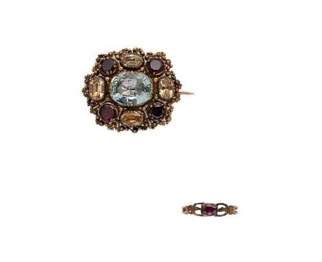 A Georgian gemstone brooch, together with a ring, first, the oval shaped brooch set with a central foil backed oval faceted a