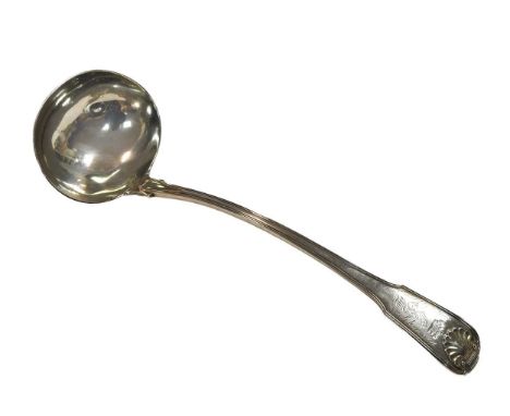 A George III silver soup ladle, mark of Thomas Wilkes Barker, London 1815, 'Fiddle, Thread and Shell' pattern, crested oval b
