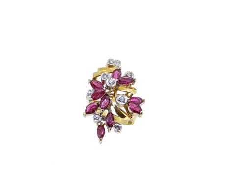 A ruby and diamond dress ring, ten marquise shaped rubies and nine round brilliant cut diamonds, estimated approximate total 