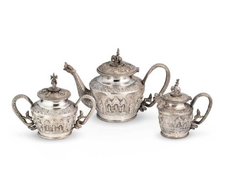 A 19th century Indian metalwares 3-piece 'Swami' style tea set,  in the manner of P. Orr &amp; Sons, apparently unmarked, cir